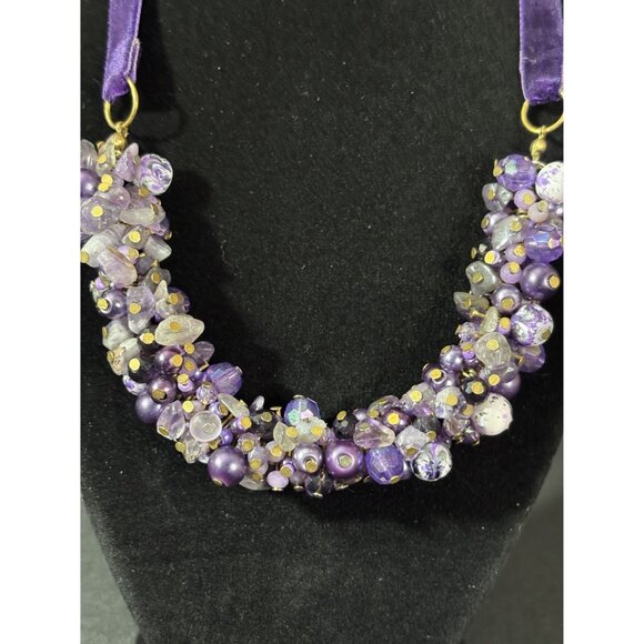 Purple Amethyst Stone & Beaded Cluster Necklace Velvet Ribbon Tie Handcrafted Go - Picture 3 of 8